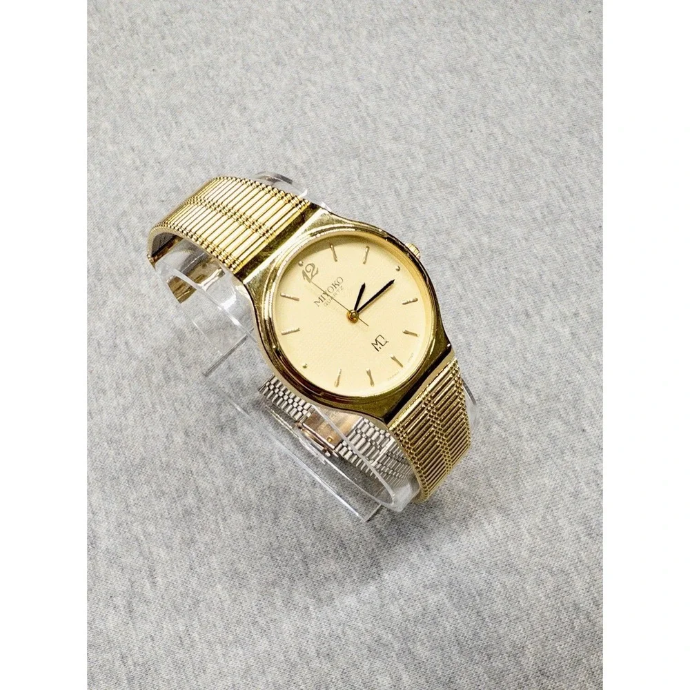 Vtg Miyoko‎ Minimalist Gold Watch 1980's 31mm Round Case Mens